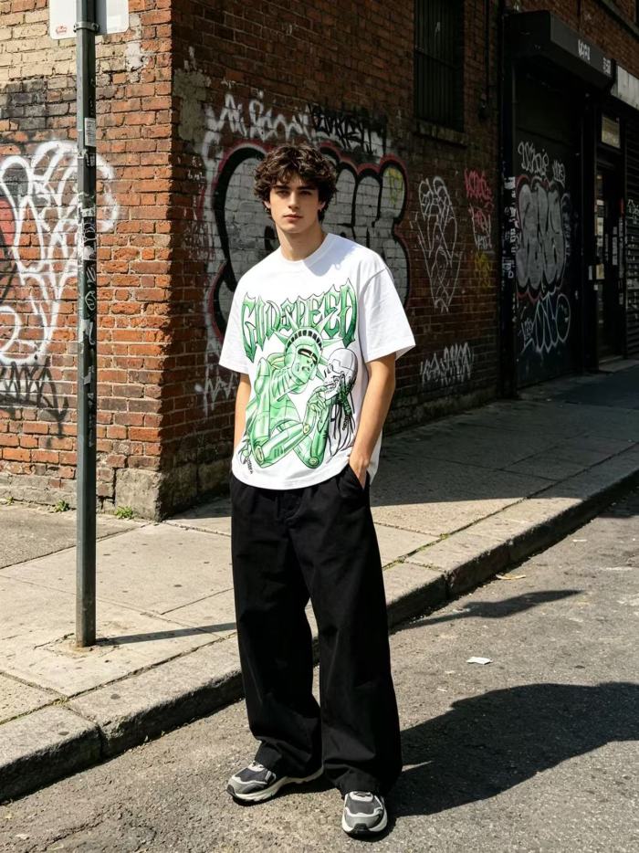 Y2K Gothic Streetwear Robot Statue Liberty Skull Graphic Oversized Drop Shoulder Crew Neck T-Shirt 29338063