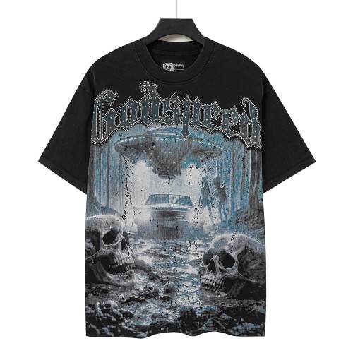 Front Bling Rhinestone Godspeed Text UFO Skeleton Wilderness Print Back Vintage Gradient G Emblem Gun Oversized T-Shirt 29338599