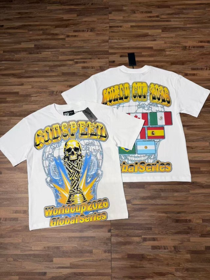 Front Golden Skull Trophy World Map Gothic Text Print Back International Team Flags Bold Gradient Font T-Shirt 2 colors 29338219