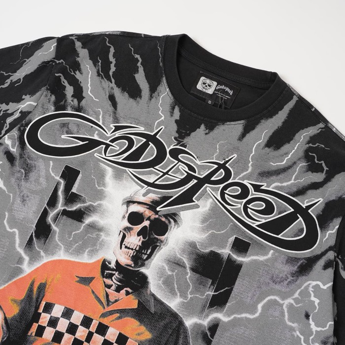 Y2K Gothic Streetwear Front Godspeed Gothic Letter Lightning Background Prison Uniform Skeleton Sitting Figure Print T-Shirt 2 colors 29338275