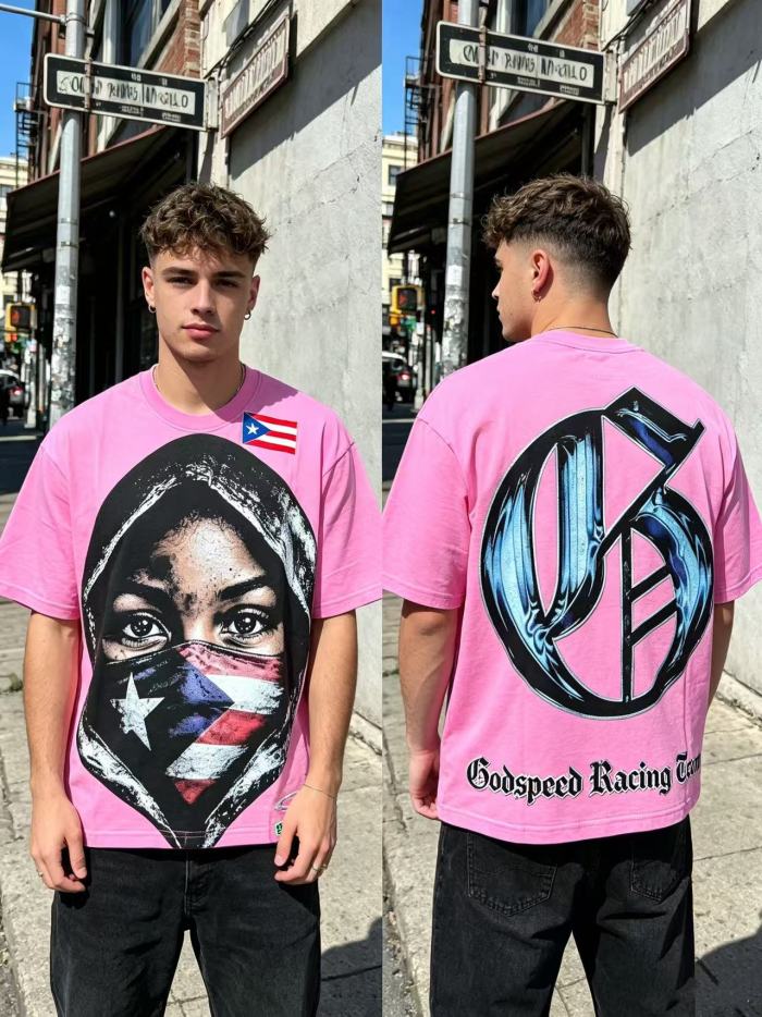 Y2K Hip Hop Streetwear Puerto Rico Flag Masked Portrait Double Sided Graphic Oversized Drop Shoulder Crew Neck T-Shirt 2 colors 29338099