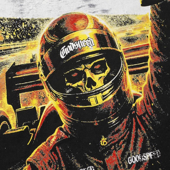 Front Thunder Effect Skeleton Racer Portrait Graphic Back Race Track Champion Driver Trophy Oversized T-Shirt 29338328