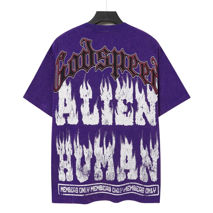 Front Cross Necklace Alien Big Face Graphic Back Cracked Flame Letter T-Shirt 2 colors 29338604