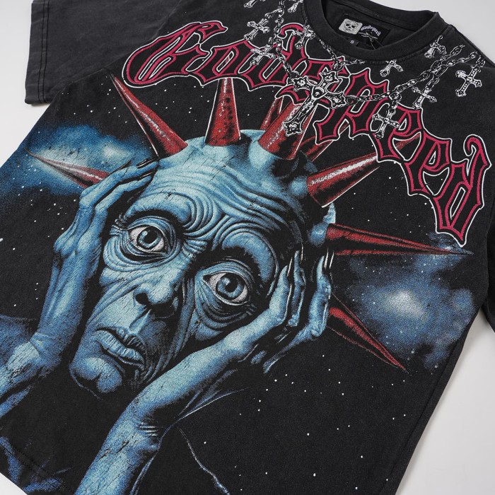Front Cross Necklace Alien Big Face Graphic Back Cracked Flame Letter T-Shirt 2 colors 29338604