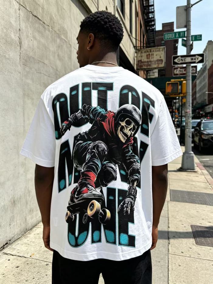 Y2K Racing Streetwear F1 Racer Skull Trophy Double Sided Graphic Oversized Drop Shoulder Crew Neck T-Shirt 2 colors 29338115