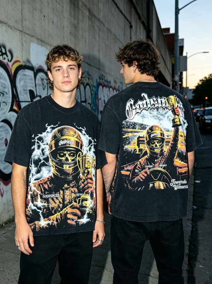 Front Thunder Effect Skeleton Racer Portrait Graphic Back Race Track Champion Driver Trophy Oversized T-Shirt 29338328