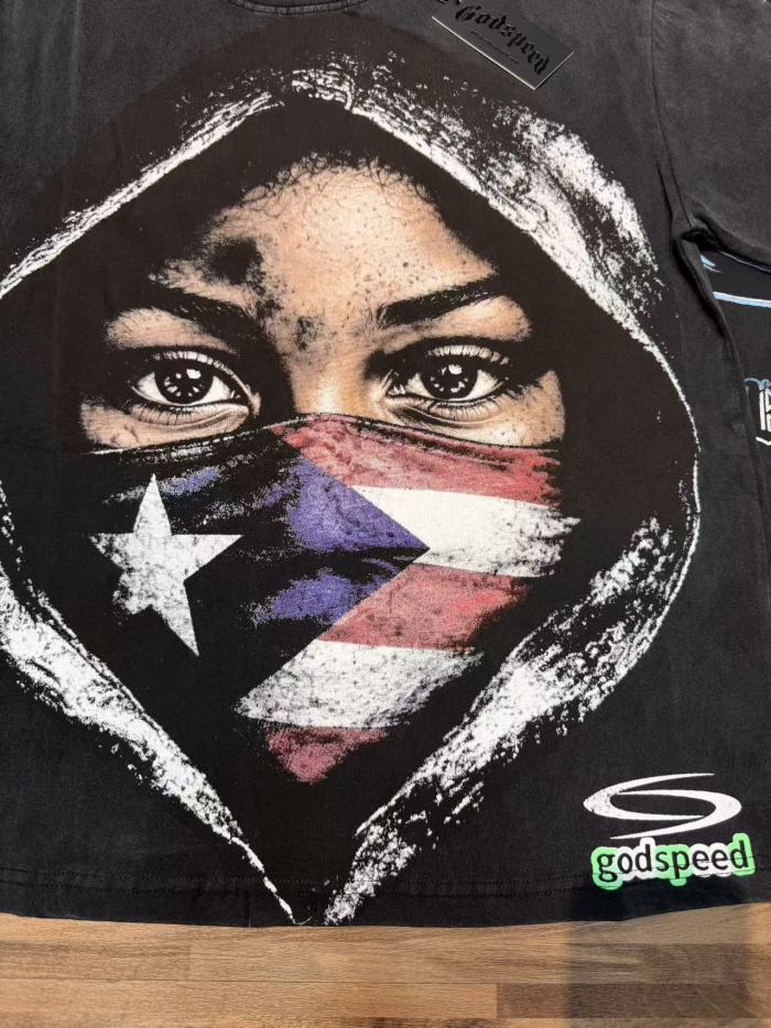 Y2K Hip Hop Streetwear Puerto Rico Flag Masked Portrait Double Sided Graphic Oversized Drop Shoulder Crew Neck T-Shirt 2 colors 29338099