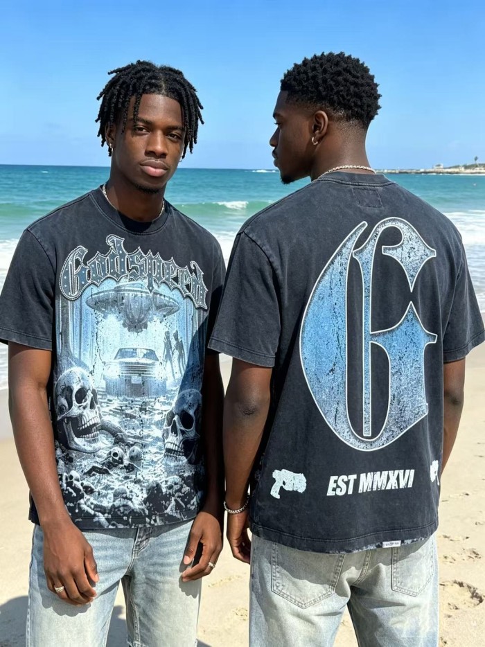 Front Bling Rhinestone Godspeed Text UFO Skeleton Wilderness Print Back Vintage Gradient G Emblem Gun Oversized T-Shirt 29338599