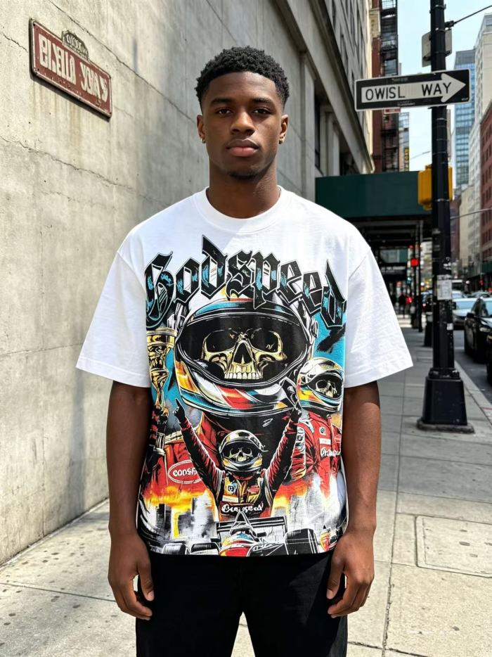 Y2K Racing Streetwear F1 Racer Skull Trophy Double Sided Graphic Oversized Drop Shoulder Crew Neck T-Shirt 2 colors 29338115