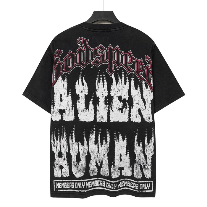 Front Cross Necklace Alien Big Face Graphic Back Cracked Flame Letter T-Shirt 2 colors 29338604