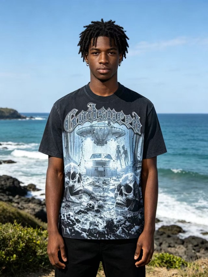 Front Bling Rhinestone Godspeed Text UFO Skeleton Wilderness Print Back Vintage Gradient G Emblem Gun Oversized T-Shirt 29338599