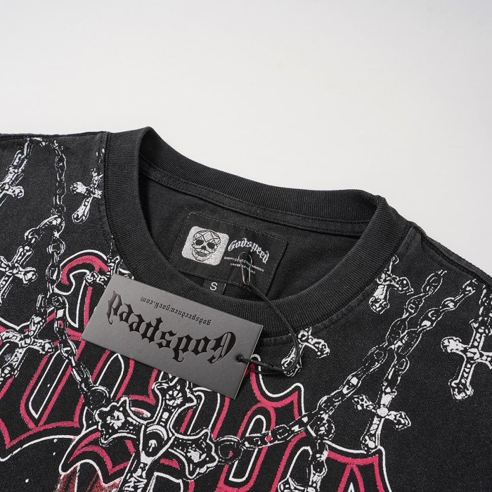 Front Cross Necklace Alien Big Face Graphic Back Cracked Flame Letter T-Shirt 2 colors 29338604