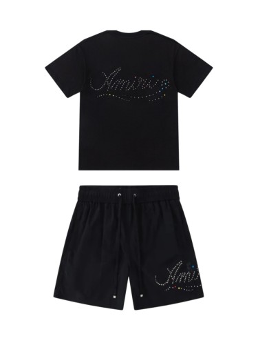 Rhinestone Logo With Colorful Tiny Diamonds Woven T-shirt & Sweat Shorts Set  29052429
