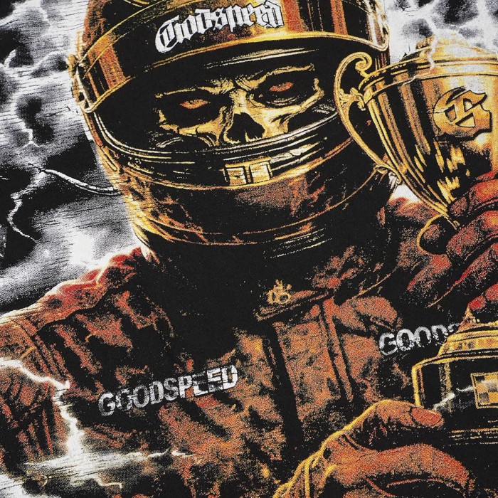 Front Thunder Effect Skeleton Racer Portrait Graphic Back Race Track Champion Driver Trophy Oversized T-Shirt 29338328