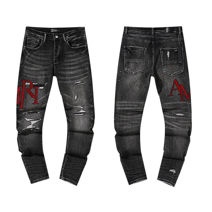 Multi Hand Ripped Destroyed Frayed Letter Logo Side Print Washed Ripped Skinny Stretch Denim Jeans 18 colors 29313539