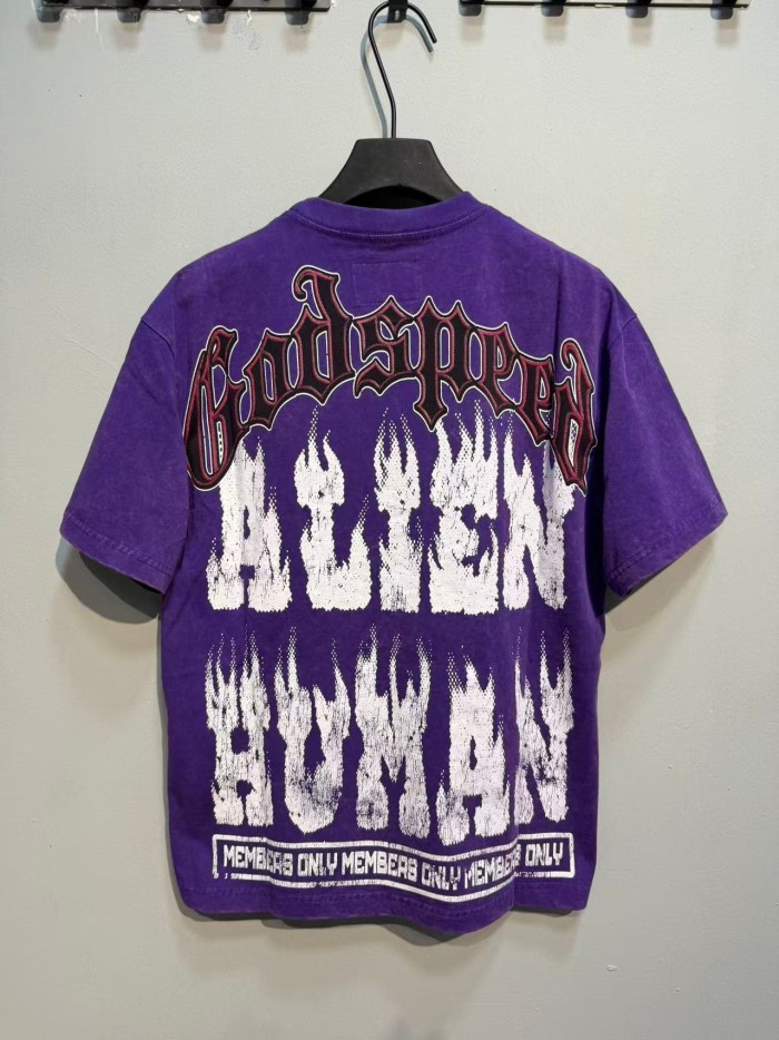 Front Cross Necklace Alien Big Face Graphic Back Cracked Flame Letter T-Shirt 2 colors 29338604