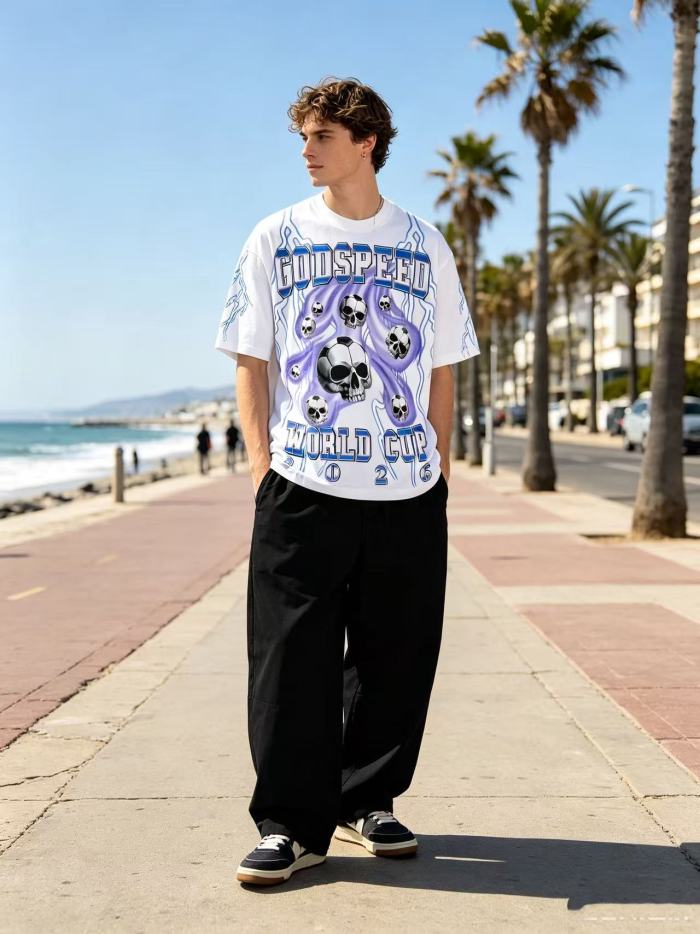 Vintage Streetwear Front Soccer Skull Lightning Print Back Skeleton Trophy National Flag Print Oversized T-Shirt 2 colors 29338411