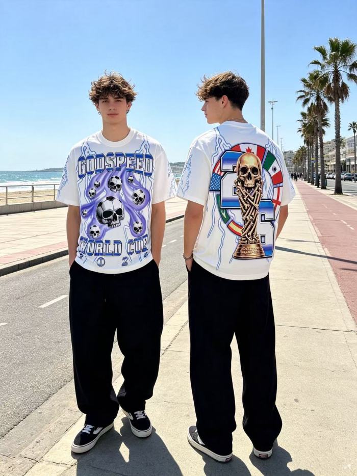 Vintage Streetwear Front Soccer Skull Lightning Print Back Skeleton Trophy National Flag Print Oversized T-Shirt 2 colors 29338411