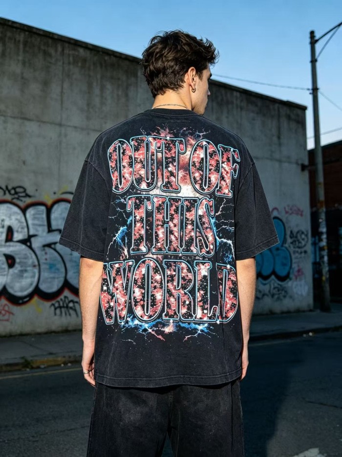 Front Thunder Galaxy Bearded Prayer Man Portrait Back Out Of This World Galaxy Letter Slogan Oversized T-Shirt 29338122
