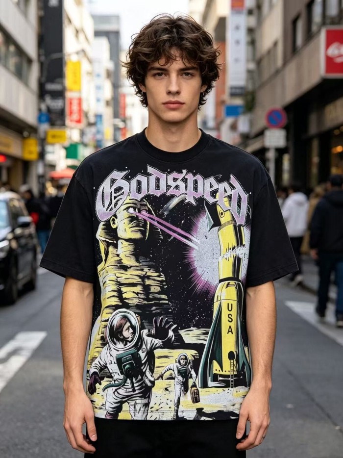 Vintage Washed American Streetwear Front Letter Sphinx Astronaut USA Rocket Space Galaxy Graphic Oversized T-Shirt 29338592