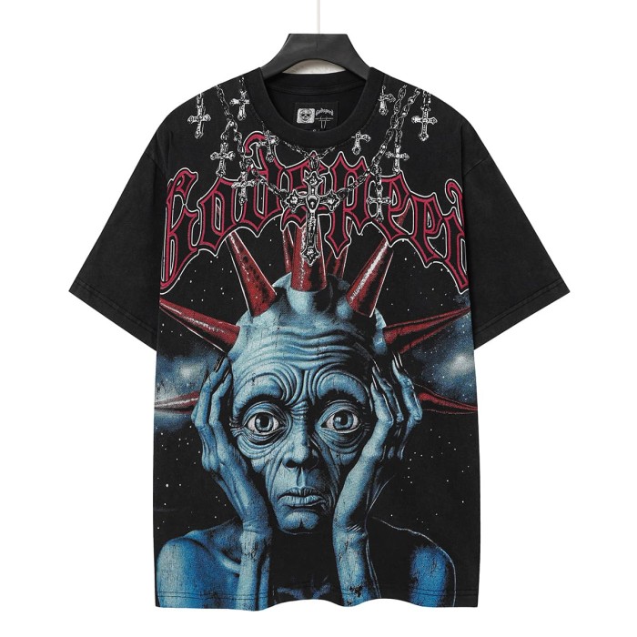 Front Cross Necklace Alien Big Face Graphic Back Cracked Flame Letter T-Shirt 2 colors 29338604