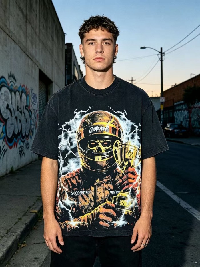 Front Thunder Effect Skeleton Racer Portrait Graphic Back Race Track Champion Driver Trophy Oversized T-Shirt 29338328