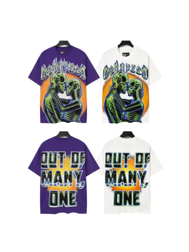 Y2K Gothic Streetwear Front Godspeed Gothic Font Glowing Green Kissing Skeleton Couple Burst Background Print T-Shirt 3 colors 29338262