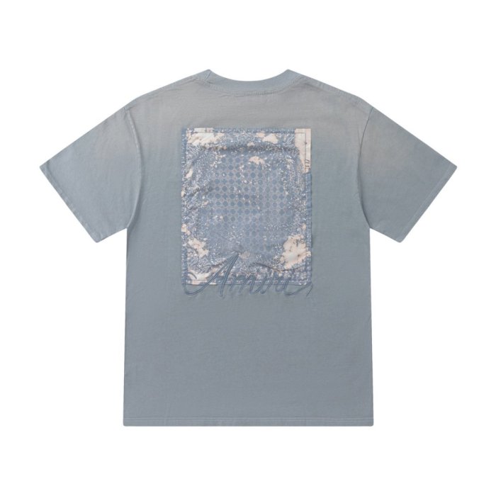 Vintage Washed Streetwear Front Chest Light Handwritten Script Embroidery Back Distressed Denim Texture Square Patch Print Tee 3 colors 29340766