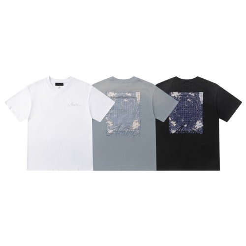Vintage Washed Streetwear Front Chest Light Handwritten Script Embroidery Back Distressed Denim Texture Square Patch Print Tee 3 colors 29340766