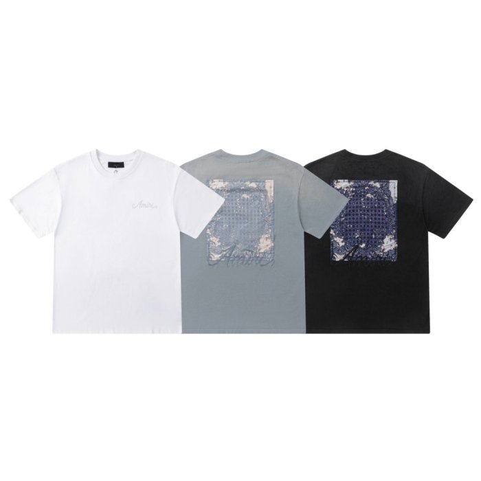Vintage Washed Streetwear Front Chest Light Handwritten Script Embroidery Back Distressed Denim Texture Square Patch Print Tee 3 colors 29340766