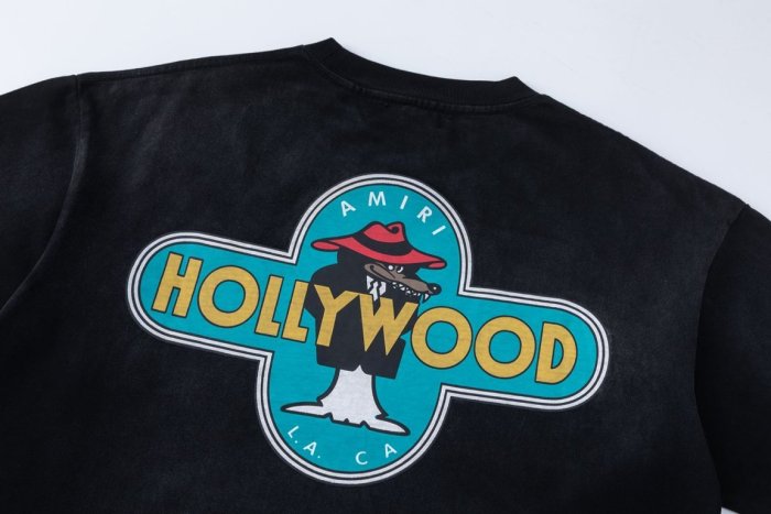 Vintage Washed Streetwear Front Left Chest Mini Cross Badge Wolf Logo Print Back Large Cross Frame Cowboy Wolf HOLLYWOOD Letter Tee 29340753