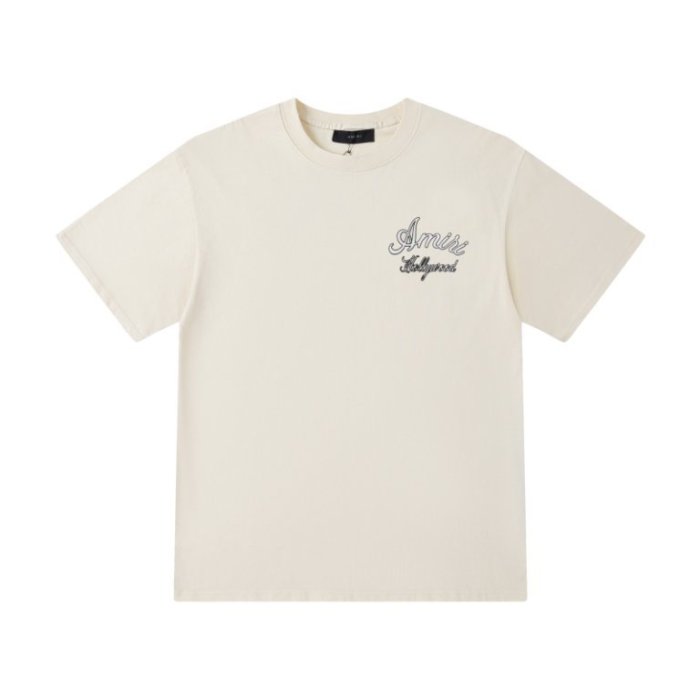 Minimal Retro Streetwear Front Left Chest Small Double Line Cursive Hollywood Embroidery Back Large Outline Script Letter Embroidery Tee 2 colors 29340812
