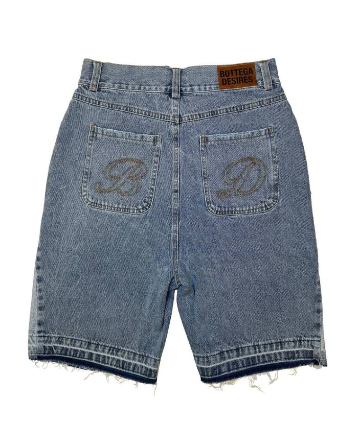 Vintage Arch Slogan Frayed Embroidery Denim Shorts 2 colors 29340688