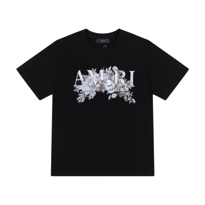 Vintage Luxury High Street Front Center Gradient Blue Gray Floral Bouquet Overlay Letter Oversized Tee 2 colors 29341037