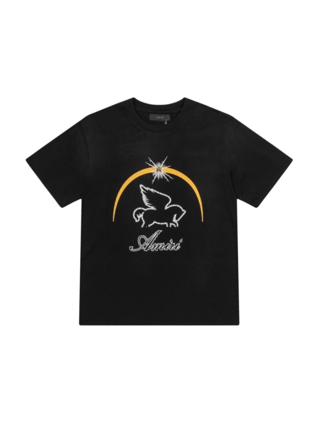 Vintage Luxury High Street Front Full Rhinestone Winged Pegasus Golden Arch Cursive Logo Oversized Tee 29340906