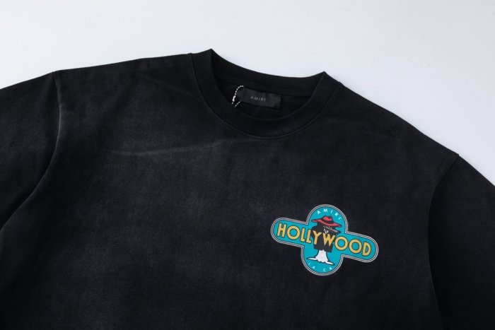 Vintage Washed Streetwear Front Left Chest Mini Cross Badge Wolf Logo Print Back Large Cross Frame Cowboy Wolf HOLLYWOOD Letter Tee 29340753