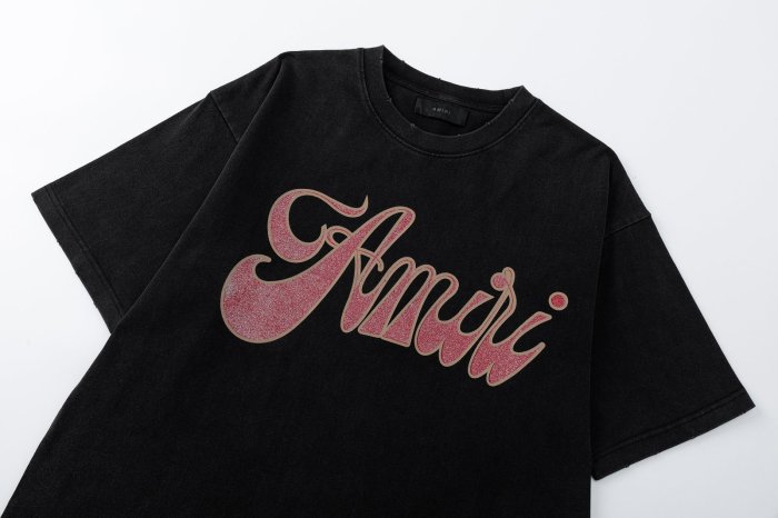 American Retro Luxury Hip Hop Front Chest Glitter Foil Script Logo Print Loose Oversized Tee 29340723