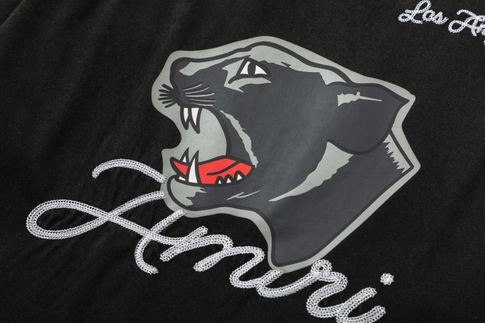 Small Silver Thread Panther Script Mark Back Full Size Growling Black Panther Embroidery Dual Side City Text Tee 29340991