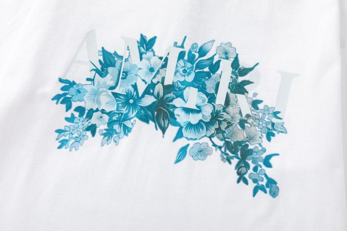 Vintage Luxury High Street Front Center Gradient Blue Gray Floral Bouquet Overlay Letter Oversized Tee 2 colors 29341037