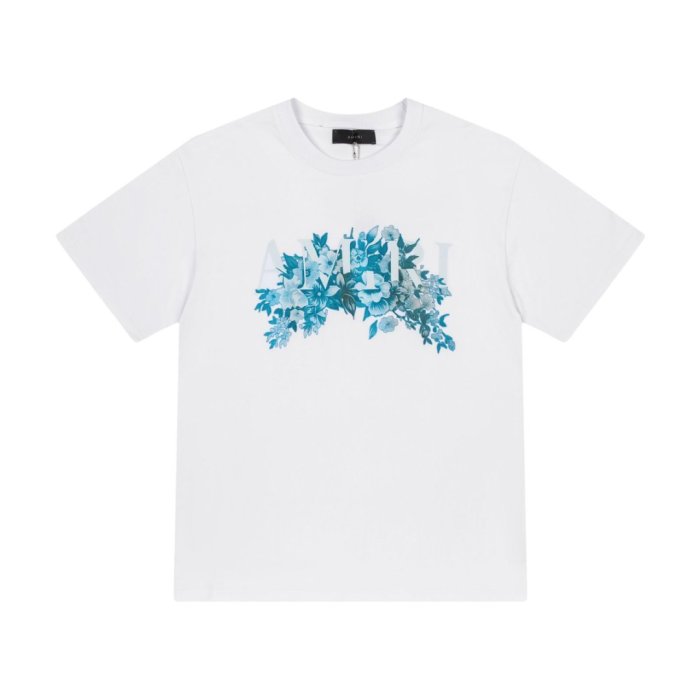 Vintage Luxury High Street Front Center Gradient Blue Gray Floral Bouquet Overlay Letter Oversized Tee 2 colors 29341037