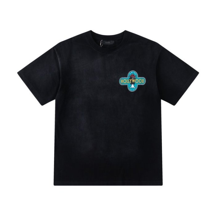 Vintage Washed Streetwear Front Left Chest Mini Cross Badge Wolf Logo Print Back Large Cross Frame Cowboy Wolf HOLLYWOOD Letter Tee 29340753