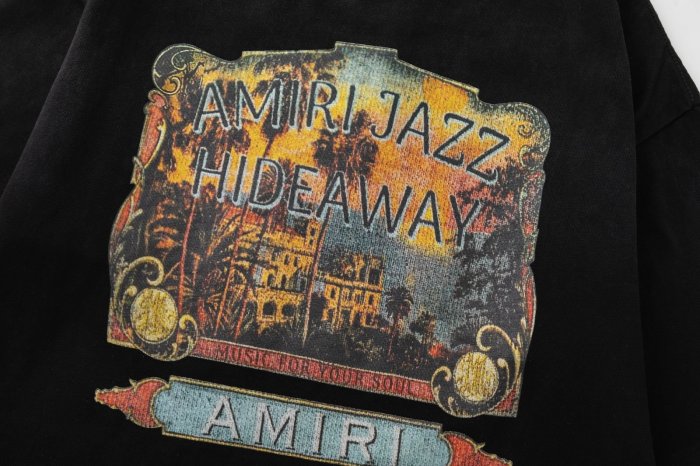 American Retro Jazz Culture Front Tiny Faded Jazz Hideaway Tag Back Full Color Tropical Villa Sunset Music Slogan Print Tee 29340971