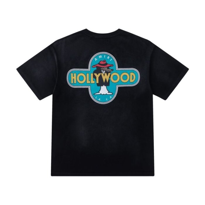 Vintage Washed Streetwear Front Left Chest Mini Cross Badge Wolf Logo Print Back Large Cross Frame Cowboy Wolf HOLLYWOOD Letter Tee 29340753