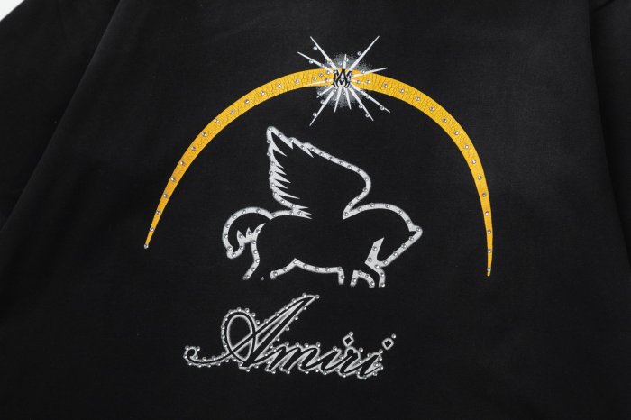 Vintage Luxury High Street Front Full Rhinestone Winged Pegasus Golden Arch Cursive Logo Oversized Tee 29340906