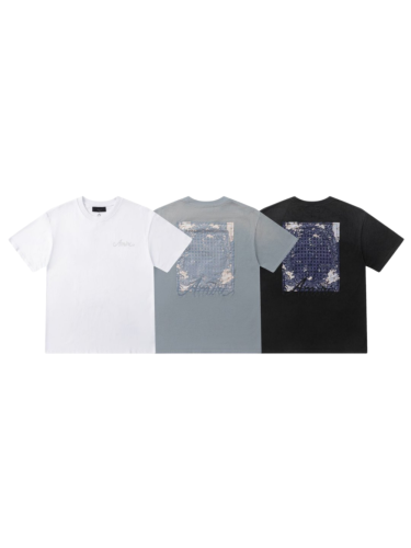 Vintage Washed Streetwear Front Chest Light Handwritten Script Embroidery Back Distressed Denim Texture Square Patch Print Tee 3 colors 29340766