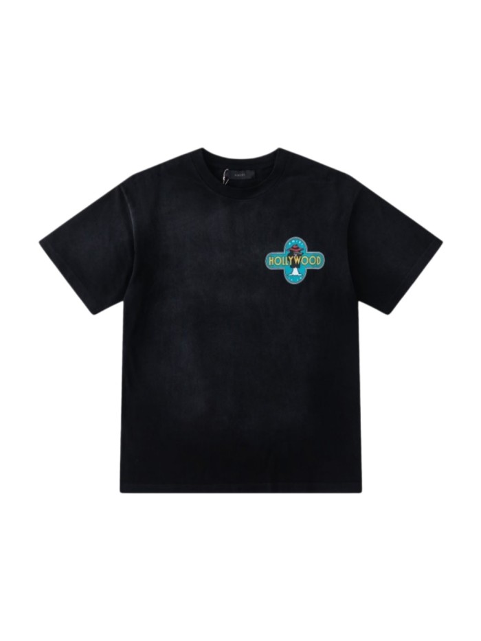 Vintage Washed Streetwear Front Left Chest Mini Cross Badge Wolf Logo Print Back Large Cross Frame Cowboy Wolf HOLLYWOOD Letter Tee 29340753