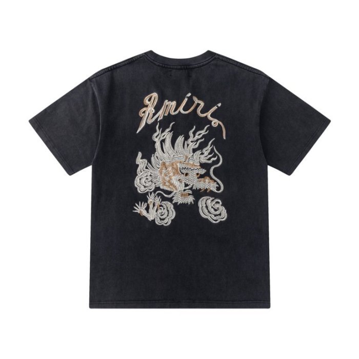 Vintage Acid Washed Streetwear Front Left Chest Handwritten Signature Embroidery Back Chinese Dragon And Cloud Double Thread Embroidery Tee 29340731