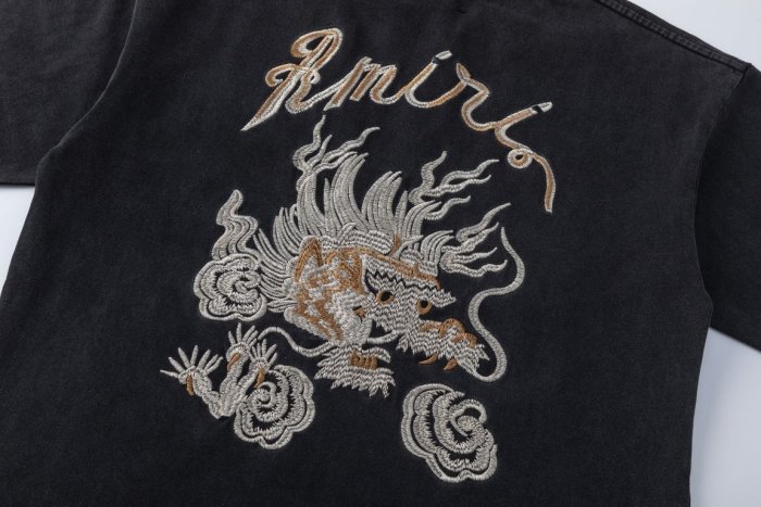 Vintage Acid Washed Streetwear Front Left Chest Handwritten Signature Embroidery Back Chinese Dragon And Cloud Double Thread Embroidery Tee 29340731