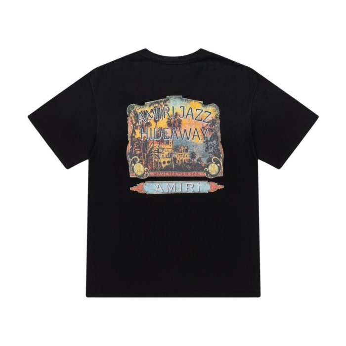 American Retro Jazz Culture Front Tiny Faded Jazz Hideaway Tag Back Full Color Tropical Villa Sunset Music Slogan Print Tee 29340971