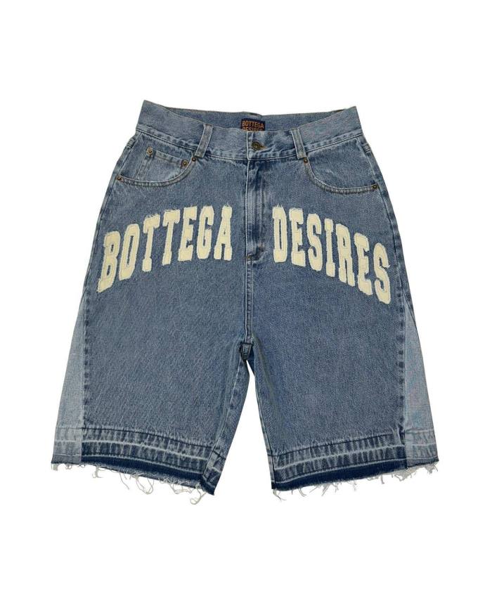 Vintage Arch Slogan Frayed Embroidery Denim Shorts 2 colors 29340688